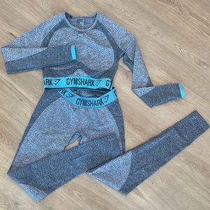 Gymshark Gray and Blue Flex Set Long Sleeve Crop Top and Leggings